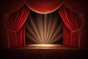 Magic theater stage red curtains Show Spotlight. photo