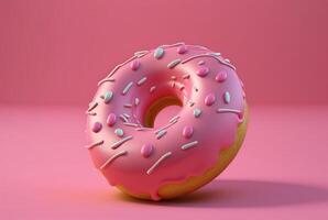 Donuts with pink icing and colorful sprinkles of sugar. On a pink background. photo