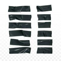 Realistic black wrinkled insulating tape strip set. Sticky scotch. Duct tape pieces collection. Vector illustration