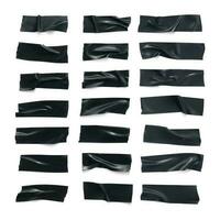 Realistic black glossy insulating tape strip set. Duct tape pieces collection. Sticky scotch isolated on white background. Vector