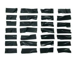 Realistic black wrinkled insulating tape strip set. Sticky scotch isolated on white background. Duct tape pieces collection. Vector illustration