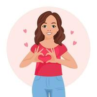 A young woman in love in glasses with a joyful expression on her face shows a heart with her hands. Emotions and gestures. Flat style illustration, vector