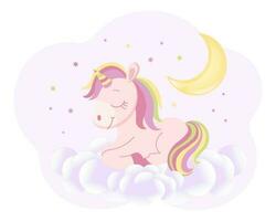 Cute magical unicorn on clouds in the sky with moon and stars. Baby illustration, postcard, vector