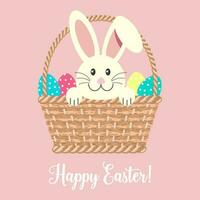 Easter card, cute rabbit in a wicker basket with eggs. Baby print, illustration, vector