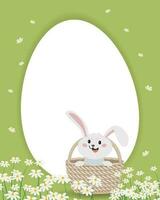 Easter bunny in a basket with chamomile flowers on a green background with an egg template for text. Easter card, background, vector