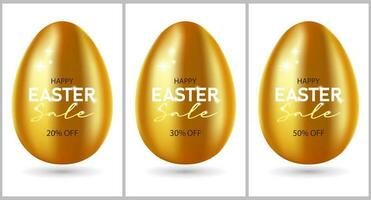 Golden Easter eggs and text Happy Easter Sale. Icon set. 3d luxury illustration vector