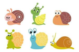 Set of cute cartoon snails. Colorful baby snails, icons, stickers, vector