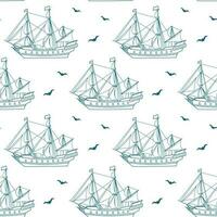 Seamless pattern, blue sea ship, frigate, caravel with seagulls on a white background. Nautical background, line art, vector