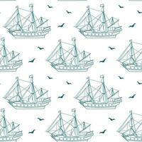 Seamless pattern, blue sea ship, frigate, caravel with seagulls on a white background. Nautical background, line art, vector