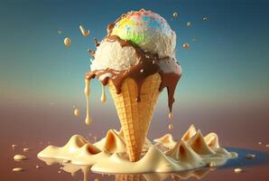 Colorful ice cream splashes, melting ice cream cone. . photo