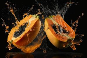 fresh papaya with water splash isolated on black background. photo