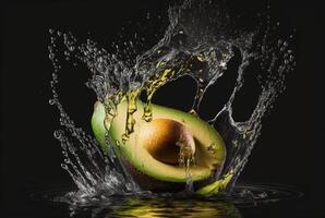 fresh avocado with water splash isolated on black background. photo