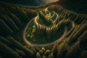 drone view of winding road surrounded by lush green trees in forest. photo