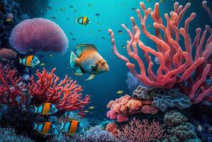 Tropical underwater fish in coral reefs. Underwater panorama. photo