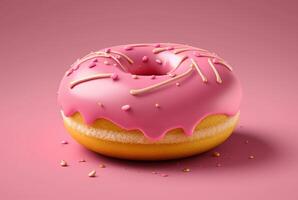 rosquillas con rosado Formación de hielo y vistoso asperja de azúcar. en un rosado antecedentes. generativo ai foto