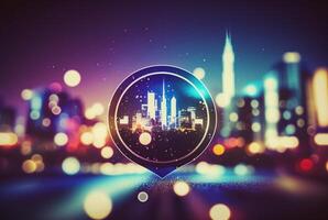 Travel and technology concept. Gps icon on bokeh city background. photo