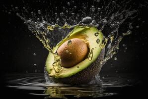 Fresco aguacate con agua chapoteo aislado en negro antecedentes. generativo ai foto