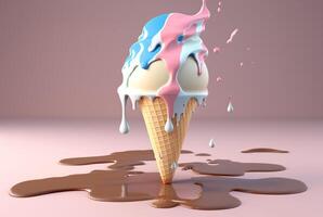 Colorful ice cream splashes, melting ice cream cone. . photo