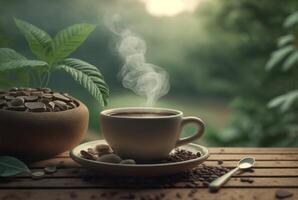 cup of hot coffee with smoke and coffee beans on table with blurred background of coffee garden. photo