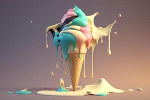 Colorful ice cream splashes, melting ice cream cone. . photo