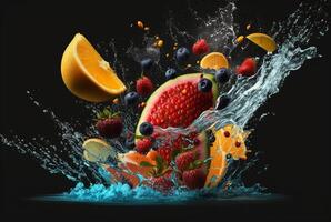 Fresh fruits with water splash isolated on black background. photo