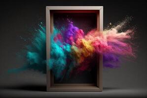 Product display frame with colorful powder paint explosion. photo