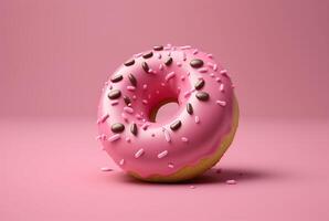 Donuts with pink icing and colorful sprinkles of sugar. On a pink background. photo