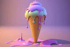 Colorful ice cream splashes, melting ice cream cone. . photo