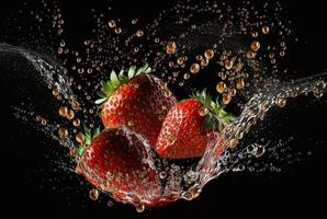 strawberry with water splash isolated on black background. photo