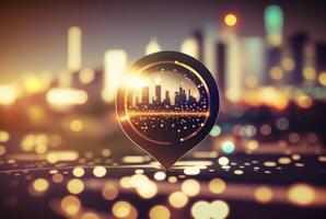 Travel and technology concept. Gps icon on bokeh city background. photo