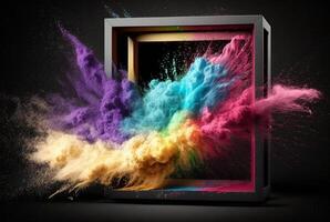 Product display frame with colorful powder paint explosion. photo