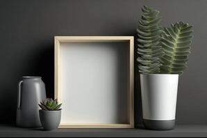 Wooden frame mockup with plant in vase on wall background, photo