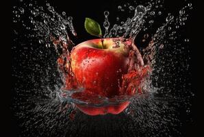 red apple with water splash isolated on black background. photo