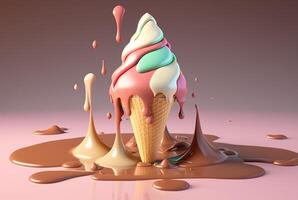 Colorful ice cream splashes, melting ice cream cone. . photo