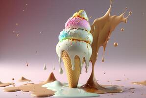 Colorful ice cream splashes, melting ice cream cone. . photo