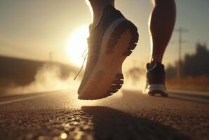 Close up of shoes, athlete's foot runner running on the street in the sun in the morning. photo