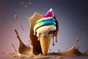 Colorful ice cream splashes, melting ice cream cone. . photo