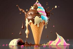 Colorful ice cream splashes, melting ice cream cone. . photo