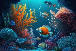 Tropical underwater fish in coral reefs. Underwater panorama. photo