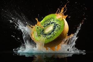 fresh kiwi with water splash isolated on black background.. photo