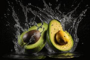 fresh avocado with water splash isolated on black background. photo