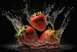 strawberry with water splash isolated on black background. photo