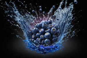 blueberries with water splash isolated on black background. photo