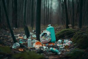 trash strewn forest.pollution concept. generative ai photo