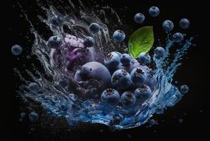 blueberries with water splash isolated on black background. photo