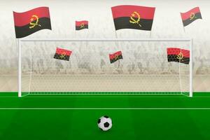 Angola football team fans with flags of Angola cheering on stadium, penalty kick concept in a soccer match. vector