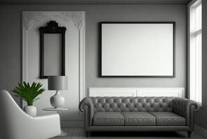 Modern living room interior with blank canvas or wall decor with frame in center for product presentation background. photo