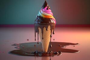 Colorful ice cream splashes, melting ice cream cone. . photo