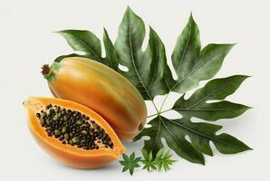 papaya with slices and leaves isolated on white background. photo