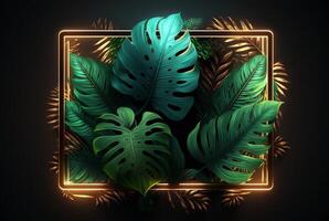 Colorful tropical leaves with neon frame on dark background. . photo